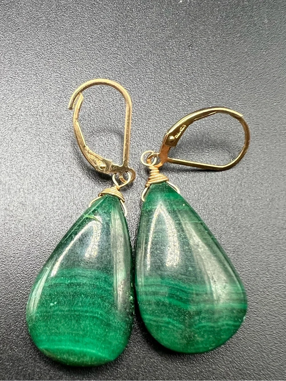 14K GOLD FILLED NATURAL MALACHITE TEARDROP DANGLE EARRINGS Handmade